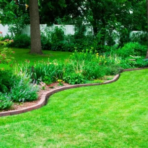 A well-maintained green lawn with neatly trimmed grass and vibrant, healthy turf under sunlight.